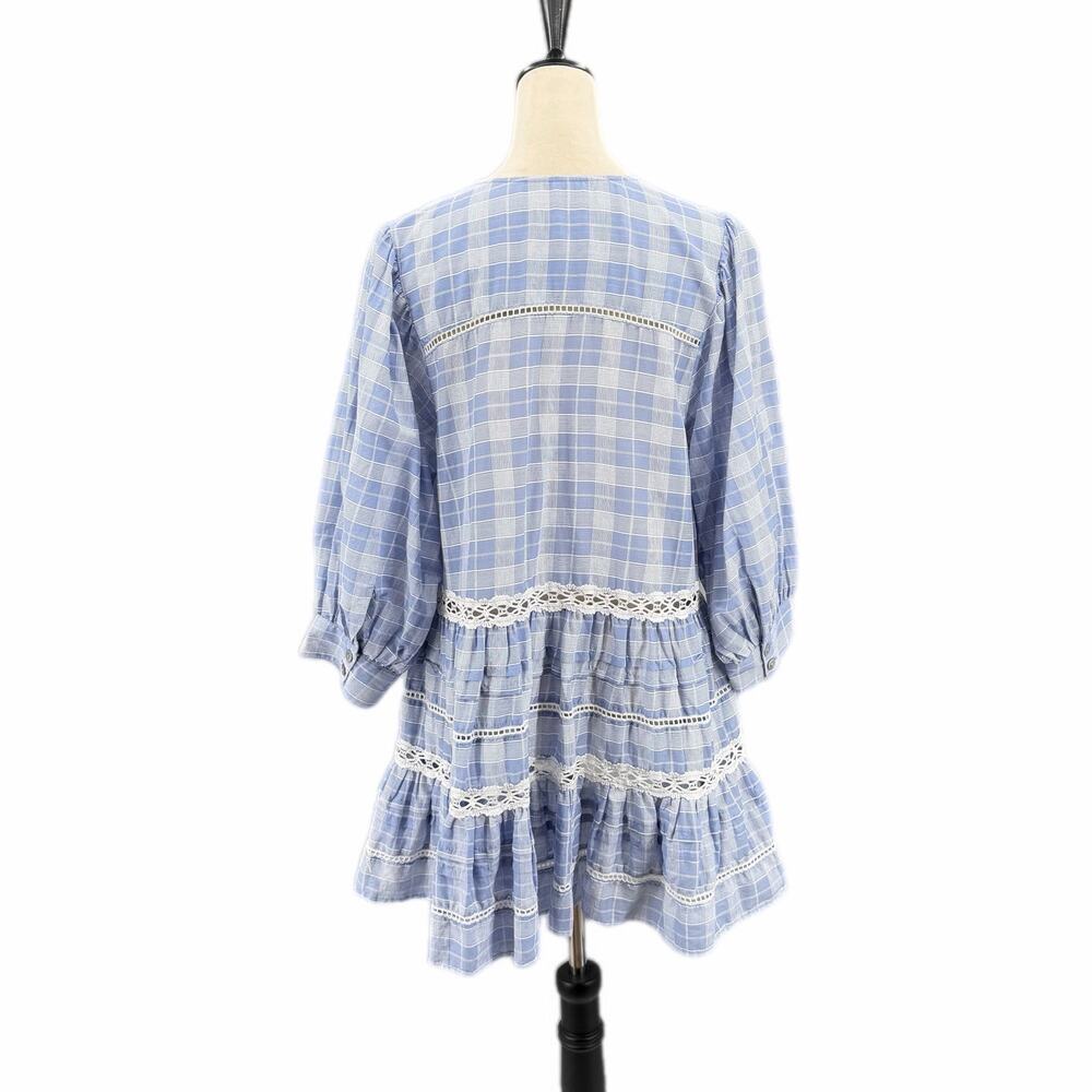 Free People Time Out Plaid Lace Trim 3/4 Sleeve Blue White 100% Cotton Tunic Top - Picture 2 of 10